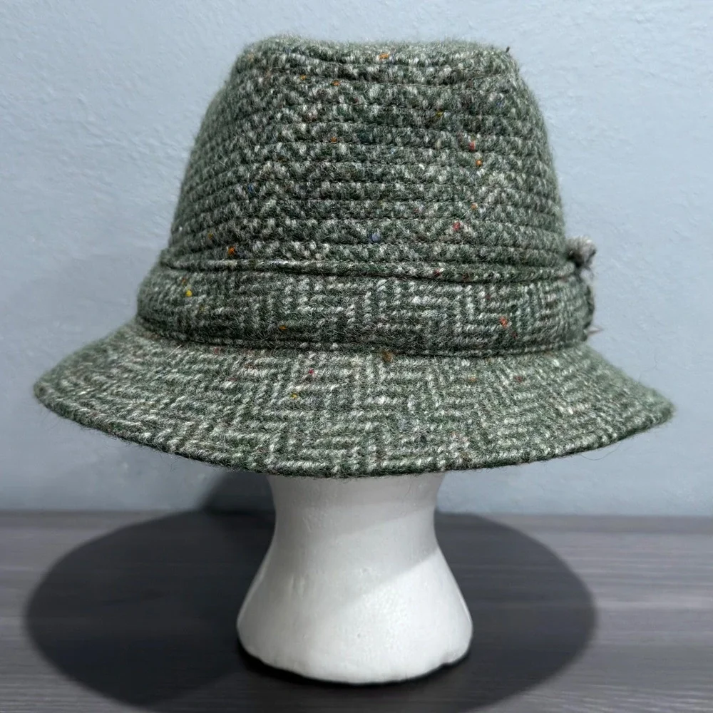 Vtg Hanna Hats Donegal Ireland Green Herringbone Wool Walking Hat Feather Mens M